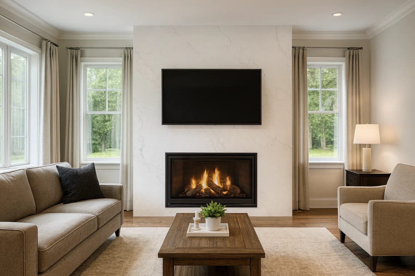 Living room with a Calacatta Athens stone fireplace surround