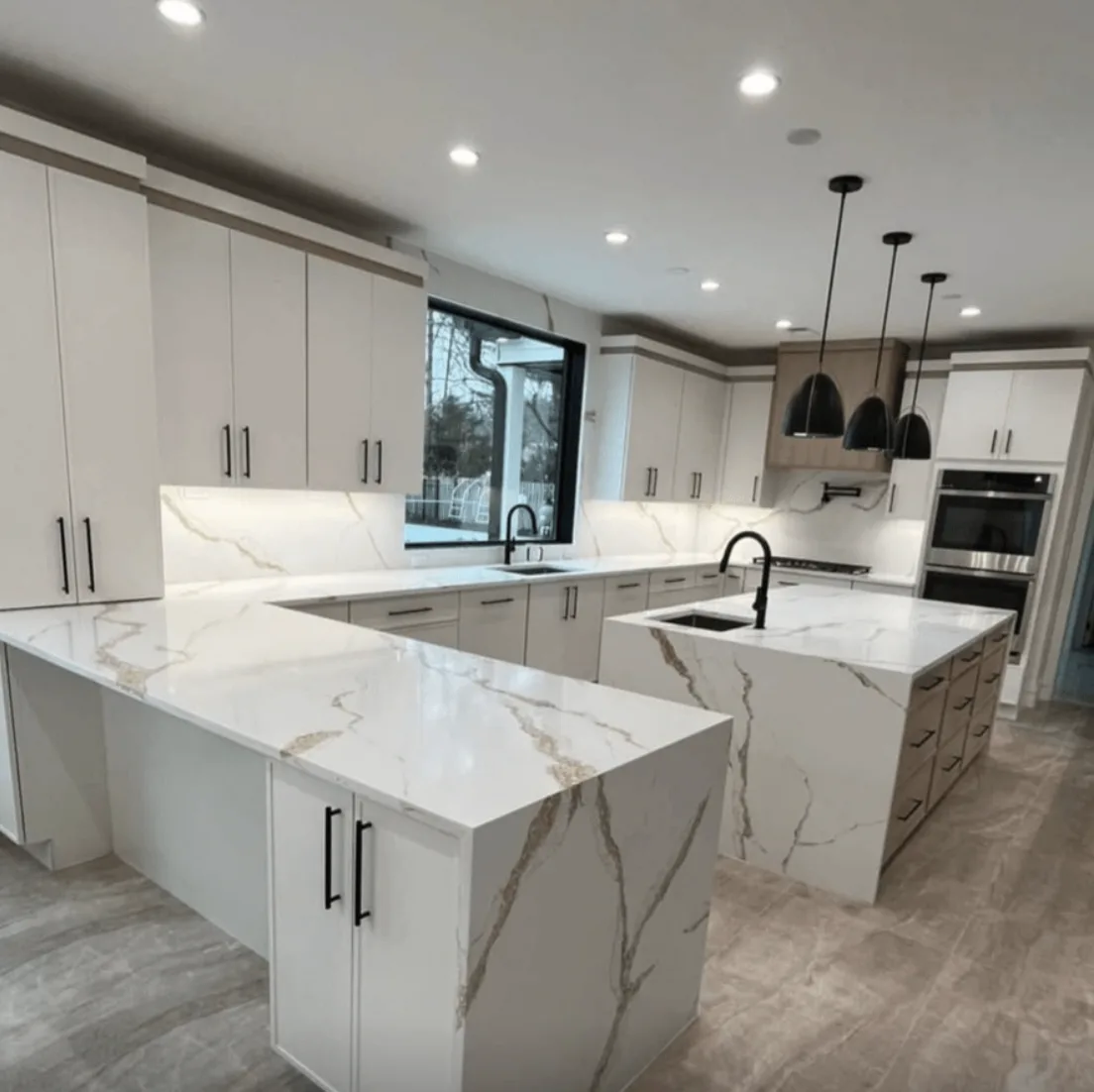 Empire Gold quartz counters over a navy island