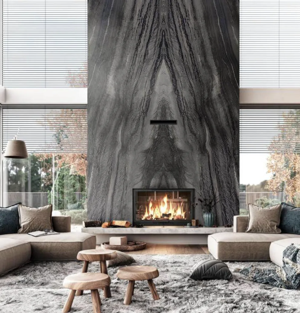 Floor to ceiling Galapagos dark stone fireplace