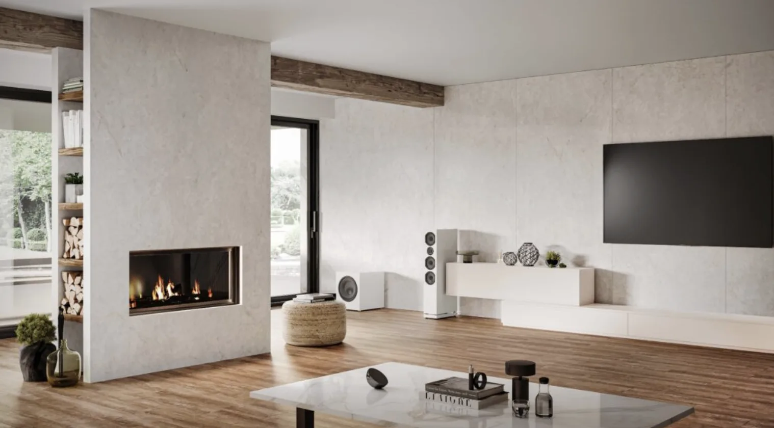 Teracanto stone fireplace facade in a modern living room